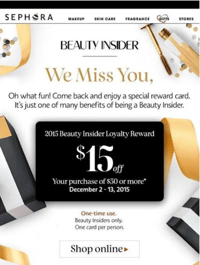 Sephora Beauty Insider We Miss You email with a $15 loyalty reward