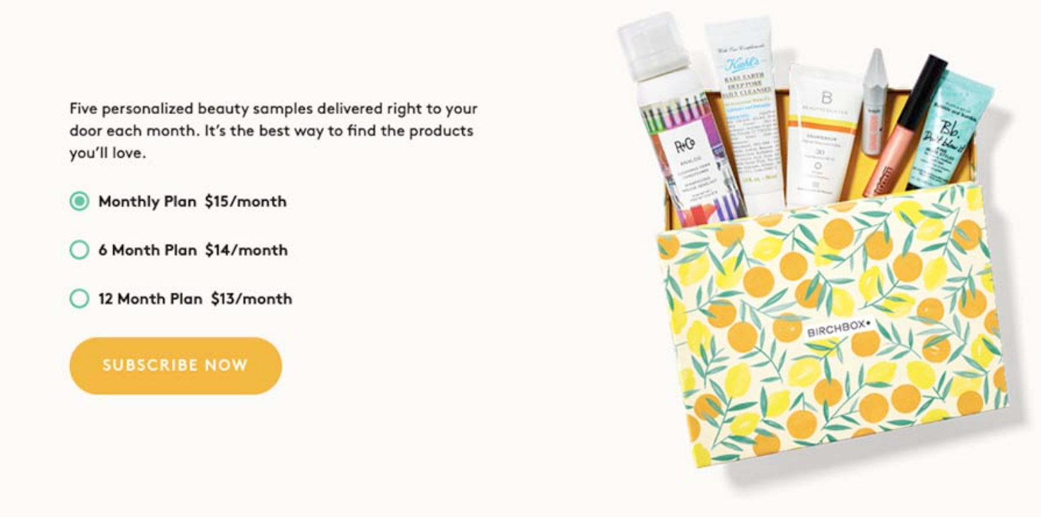 Beauty sample box page with monthly, 6 month and 12 month plans from $13