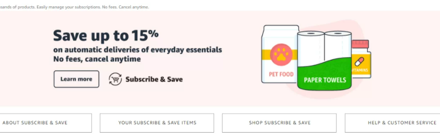 Subscribe and save banner offering up to 15% off with no fees