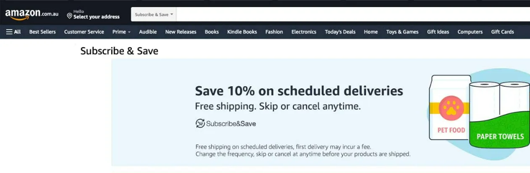 Amazon Subscribe and Save page with 10% off scheduled deliveries