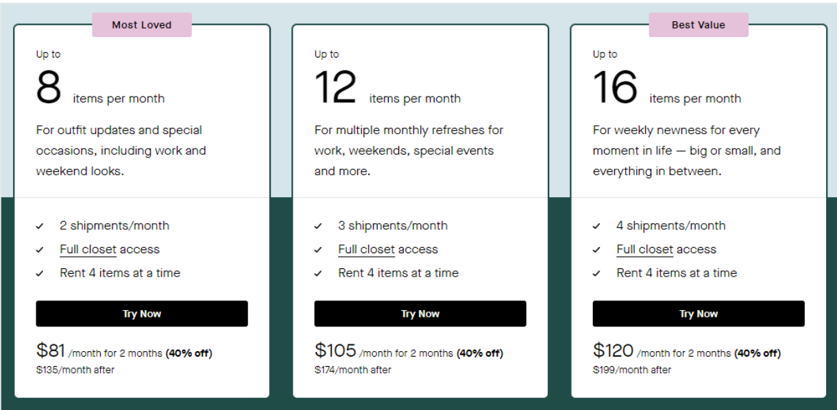 Three subscription plans with more items per month for a bigger discount