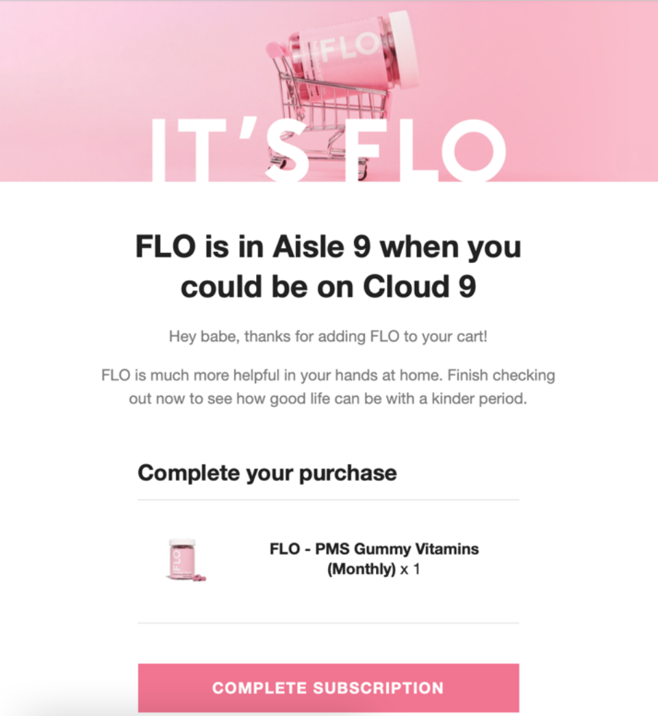 FLO subscription abandoned cart email for PMS gummy vitamins