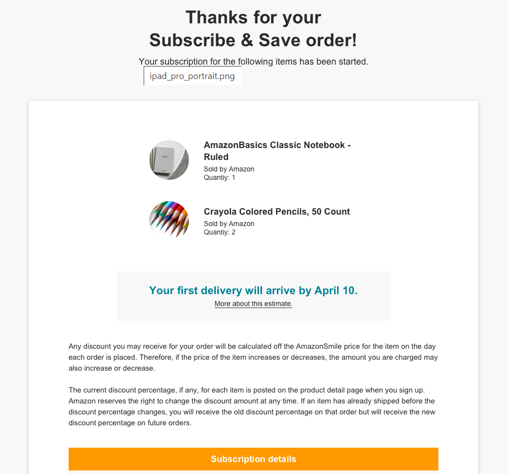 Amazon Subscribe and Save order confirmation page