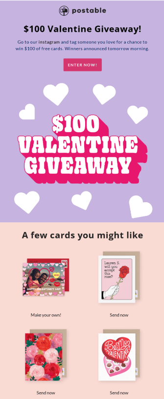 Postable Valentines email with a $100 giveaway and retro pink design