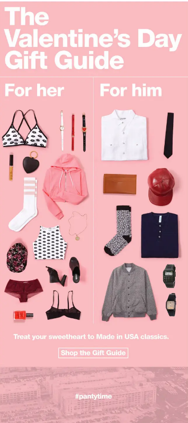 Valentines Day gift guide email for her and for him with product flat lays