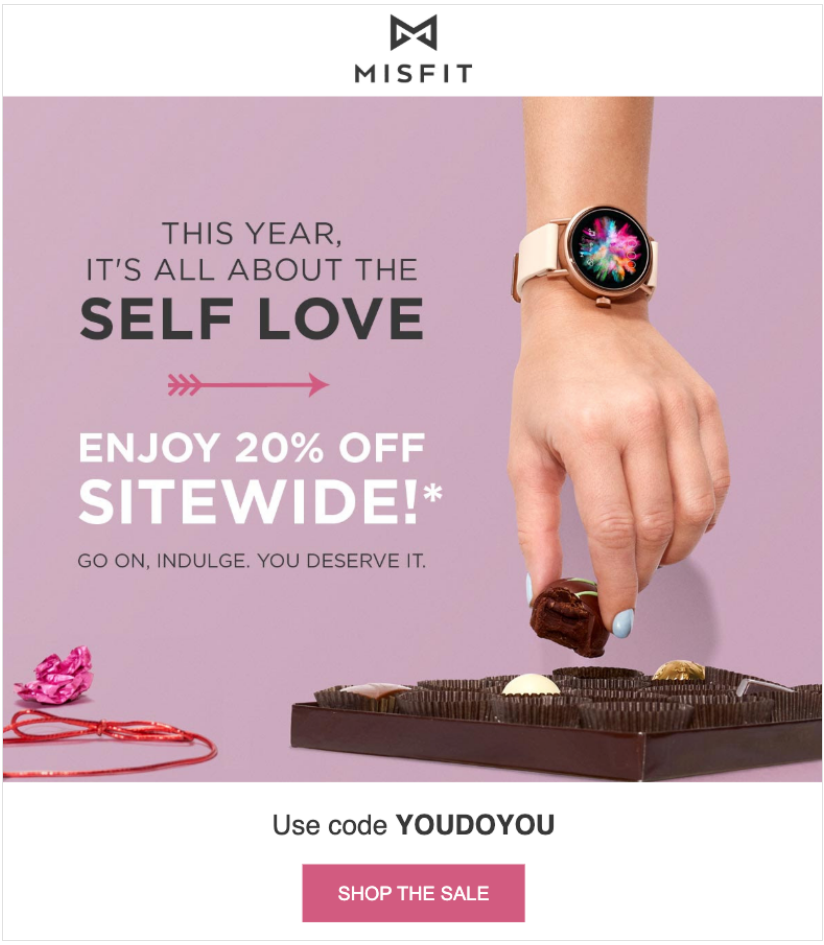 Misfit Valentines email promoting self love with 20% off sitewide, code YOUDOYOU