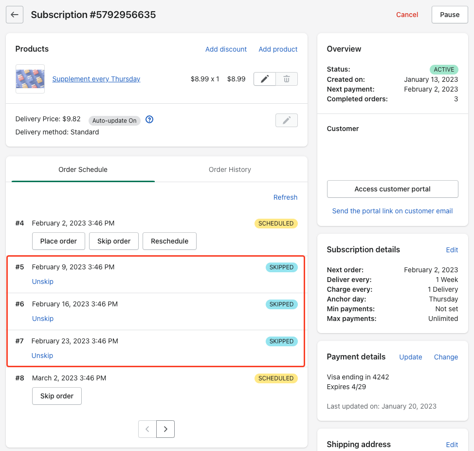 Subscription portal with skip, reschedule and pause options