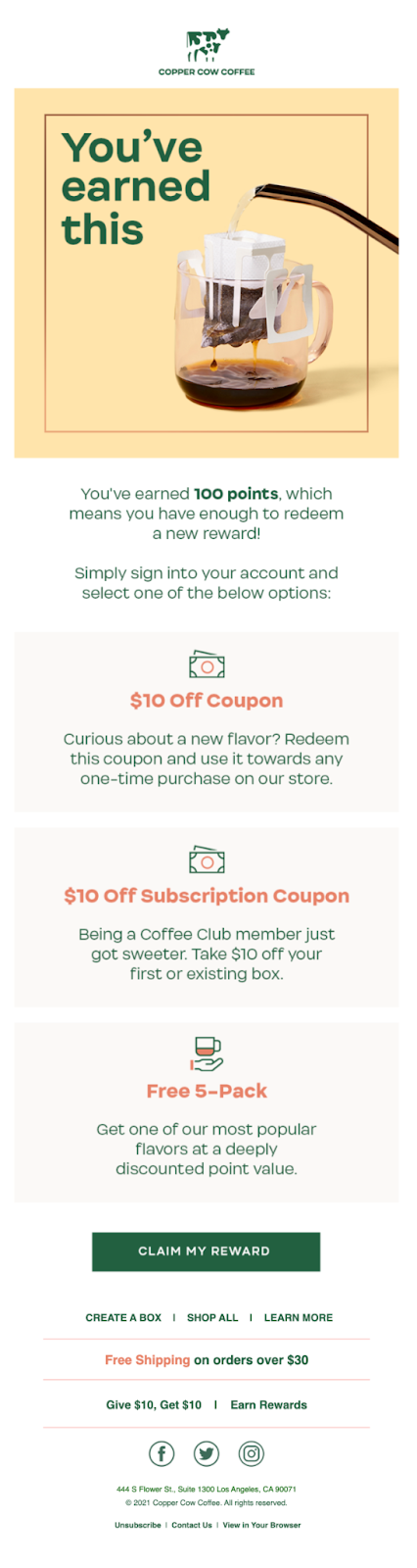 Loyalty email showing points earned and rewards to redeem