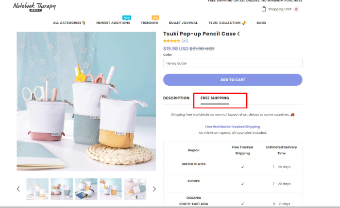 Product page with a free shipping tab and delivery times by region