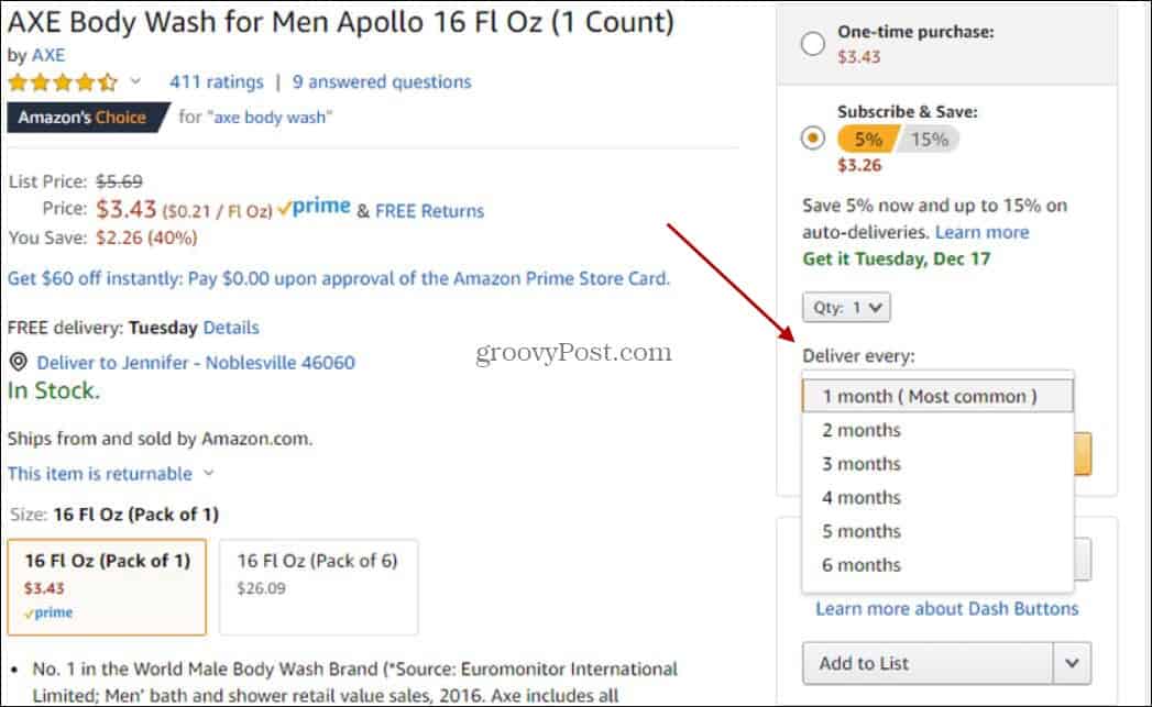Amazon product page with subscribe and save and delivery options