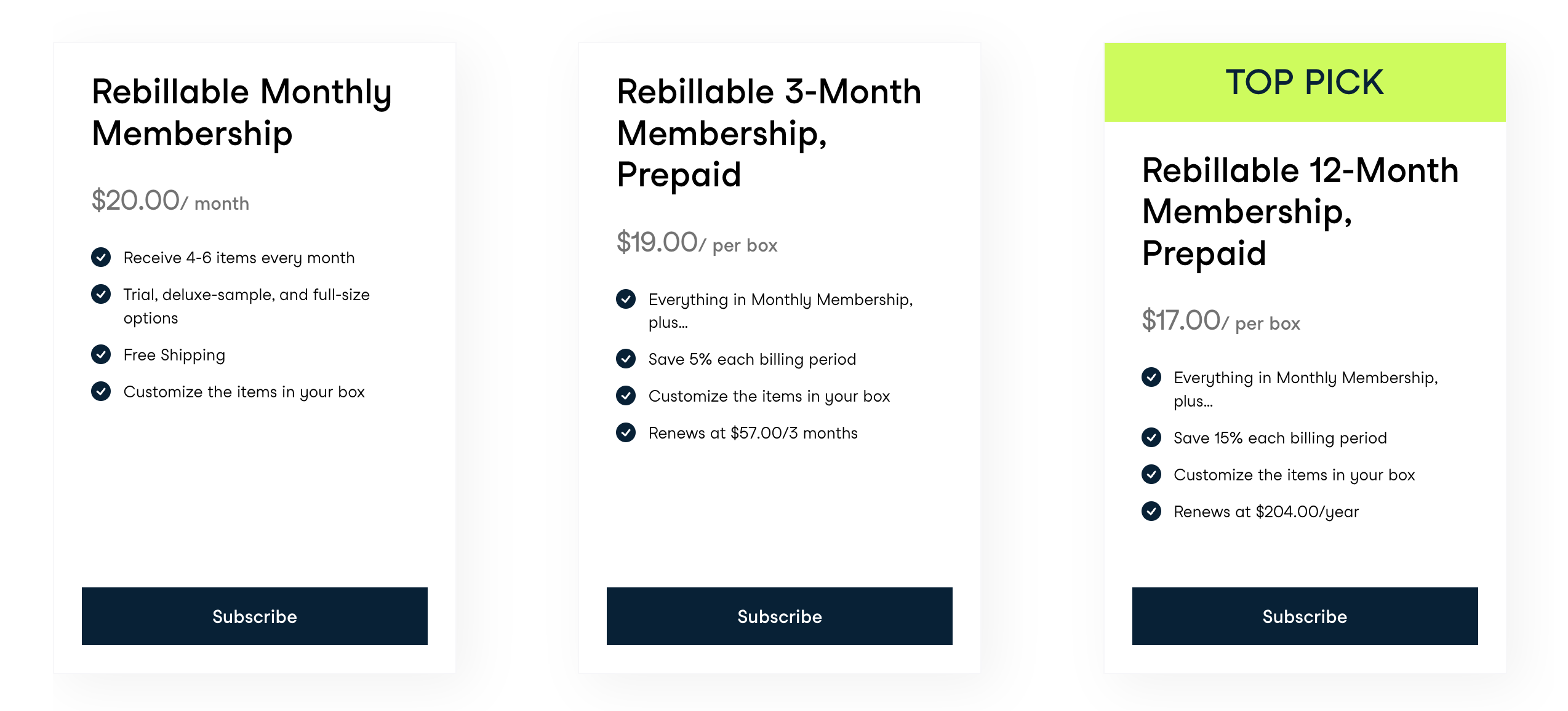 Rebillable membership options of monthly, 3-month and 12-month prepaid at falling prices