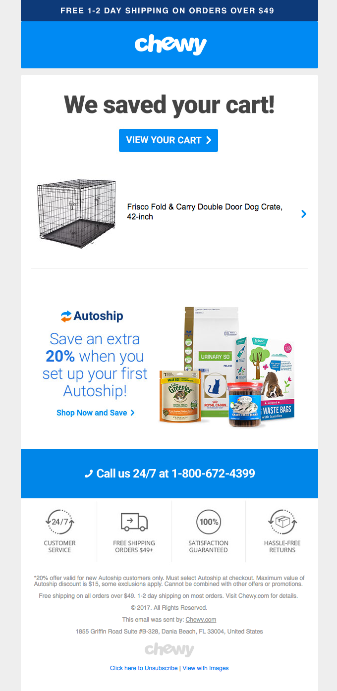Chewy cart abandonment email with autoship savings offer