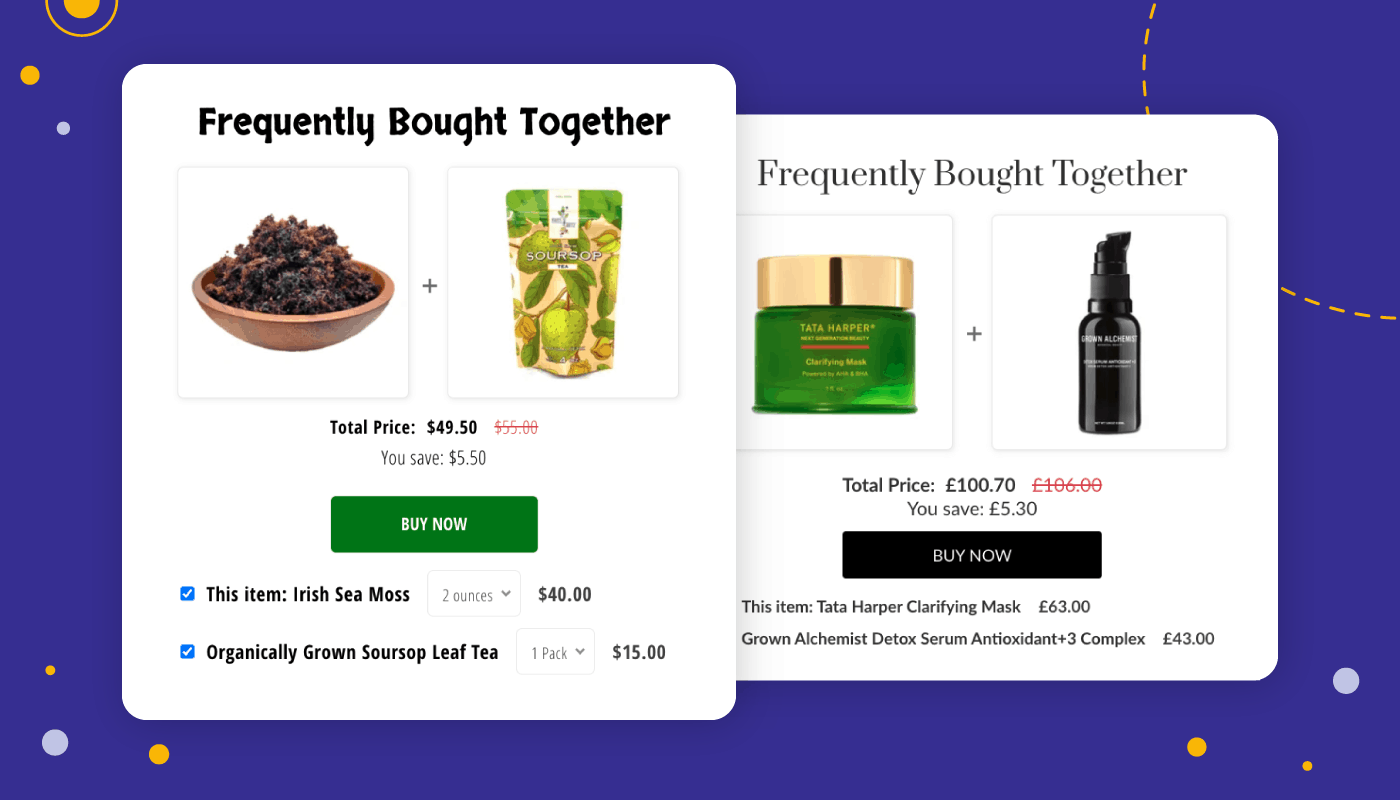 Frequently bought together product bundle widgets for skincare and food items