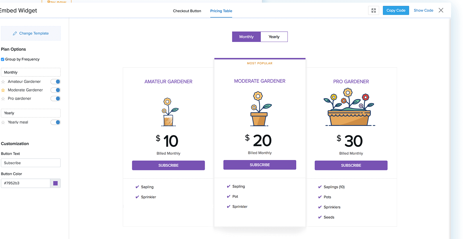Subscription widget with three plant plans at 10, 20 and 30 dollars