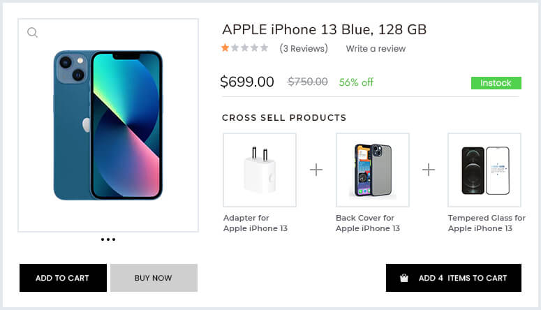 iPhone 13 product page cross-selling adapter, case and screen glass