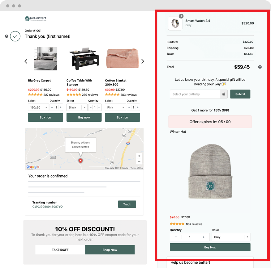 Order success page with product cross-sell and beanie offer