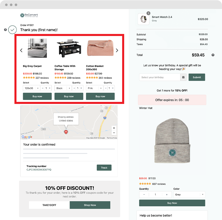 Order success page with highlighted cross-sell products row