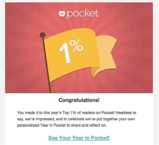 Pocket email congratulating readers on being in the top 1% with a year in review link