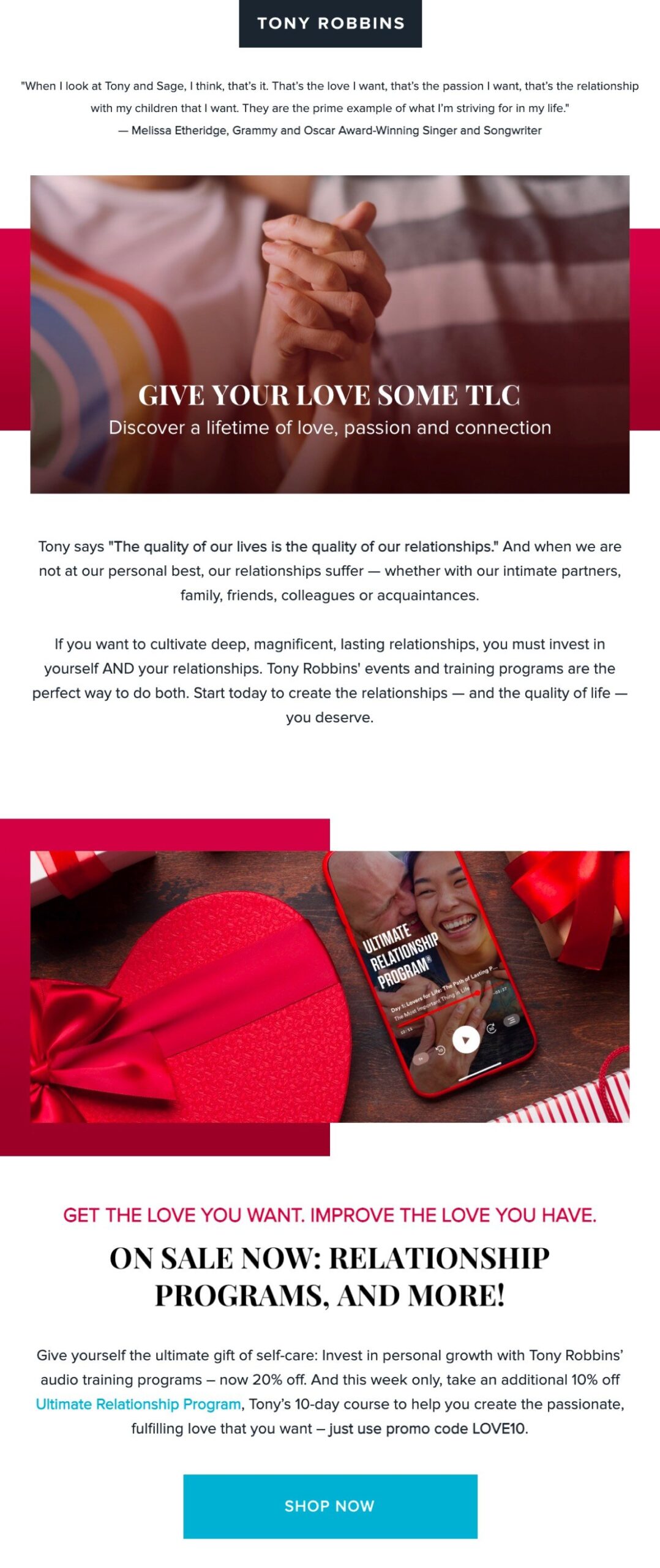 Tony Robbins Valentines email featuring a short love story and relationship programs