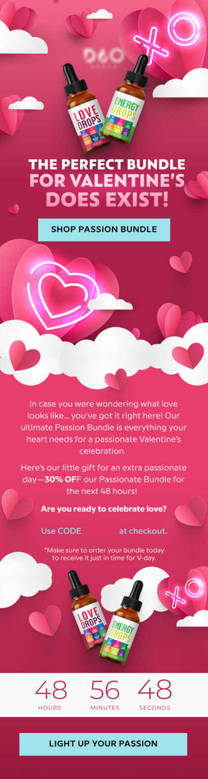 Valentines Day email promoting a skincare bundle with a countdown timer