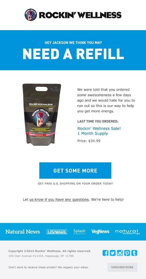 Rockin Wellness email saying Need a refill with a reorder button