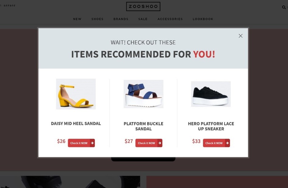 Zoohoo onsite cross-sell pop-up showing items recommended for you with sandals and sneaker