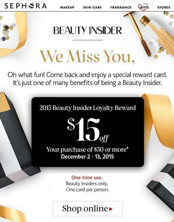 Sephora Beauty Insider win back email with 15 dollars off