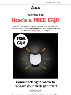 Cat Lady we miss you email with a free gift