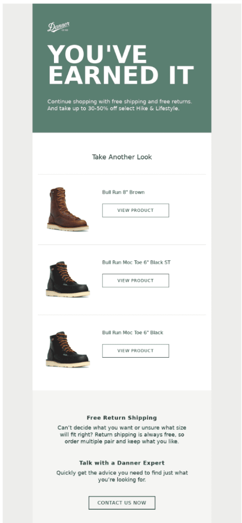 Danner abandonment email saying You have earned it with boot product picks