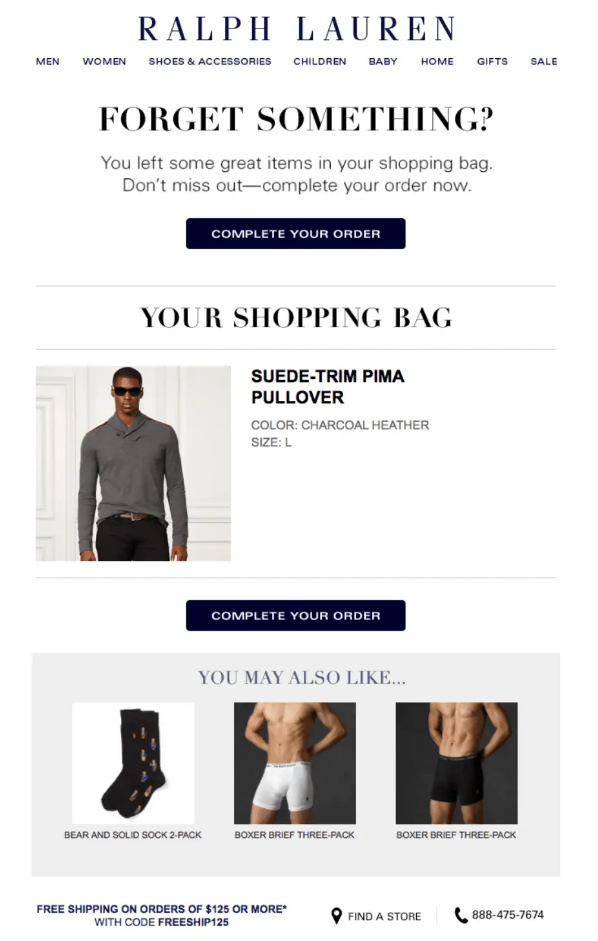 Ralph Lauren cart abandonment email saying Forget something with a pullover and recommendations
