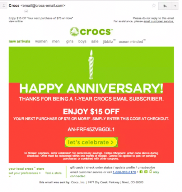 Crocs anniversary email with 15 dollars off a 75 dollar order