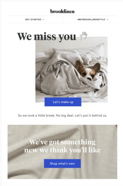 Brooklinen we miss you email with a dog in bed sheets
