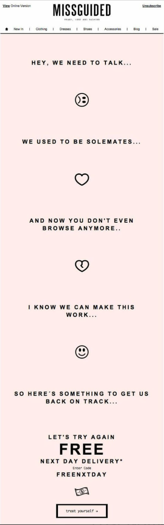 Missguided win back email offering free next day delivery