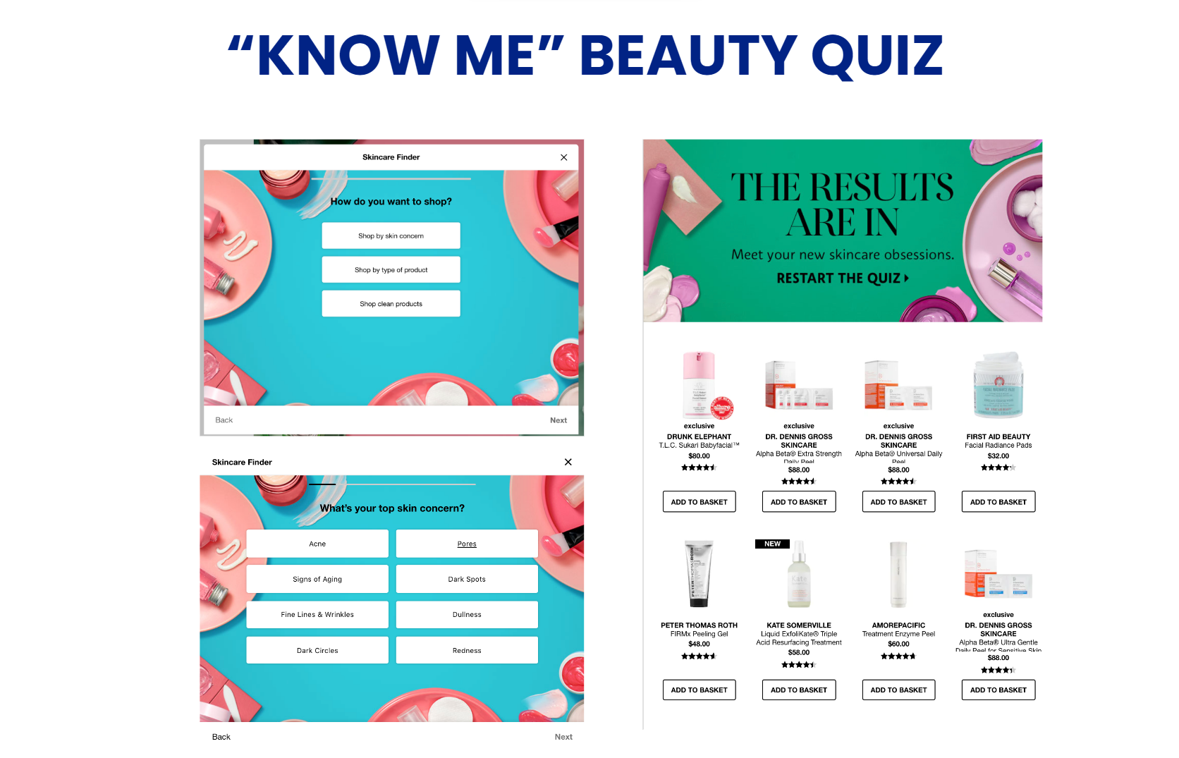 Know Me beauty quiz pages with product results