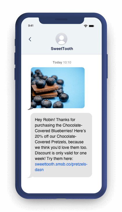 SweetTooth SMS offering 20% off chocolate covered pretzels on a phone screen
