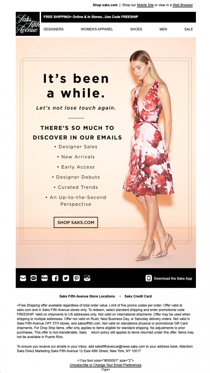 Saks Fifth Avenue win back email with new arrivals