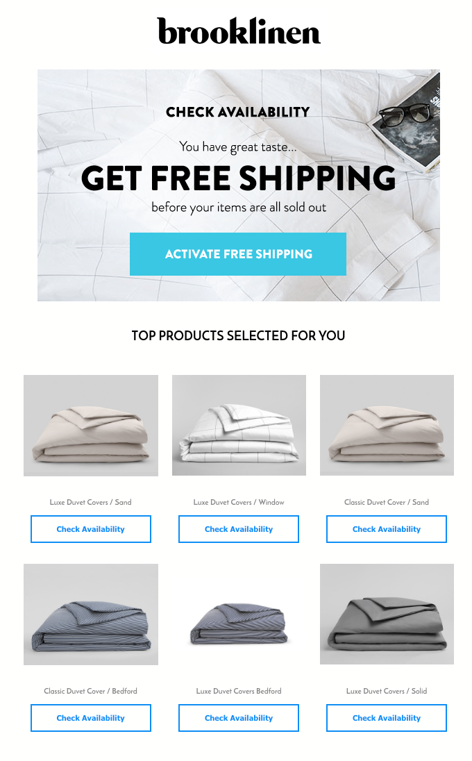 Brooklinen back in stock email offering free shipping on sold out bedding items