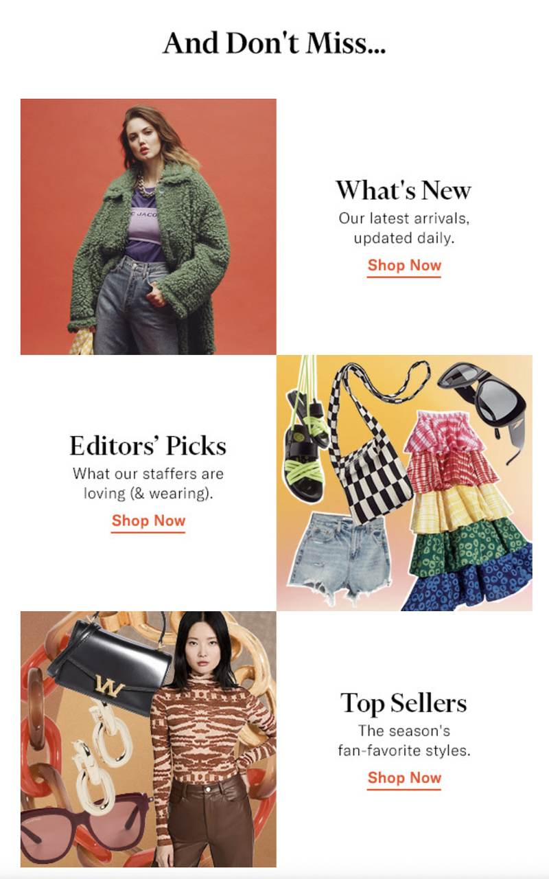 Product recommendation email with whats new, editors picks and top sellers blocks