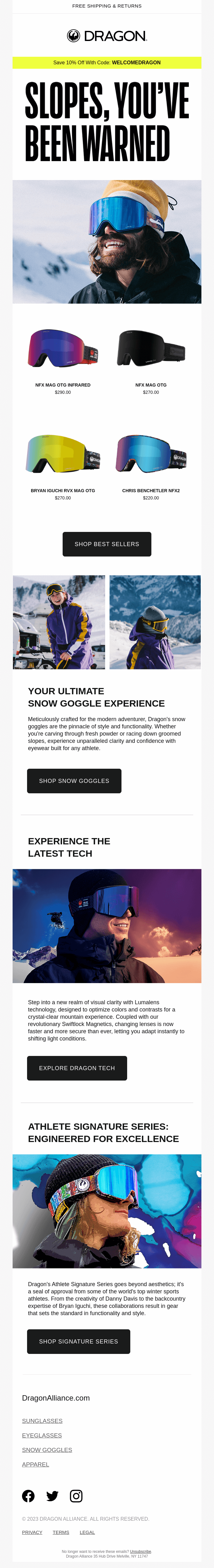 Extended welcome email for a ski goggle brand with product blocks
