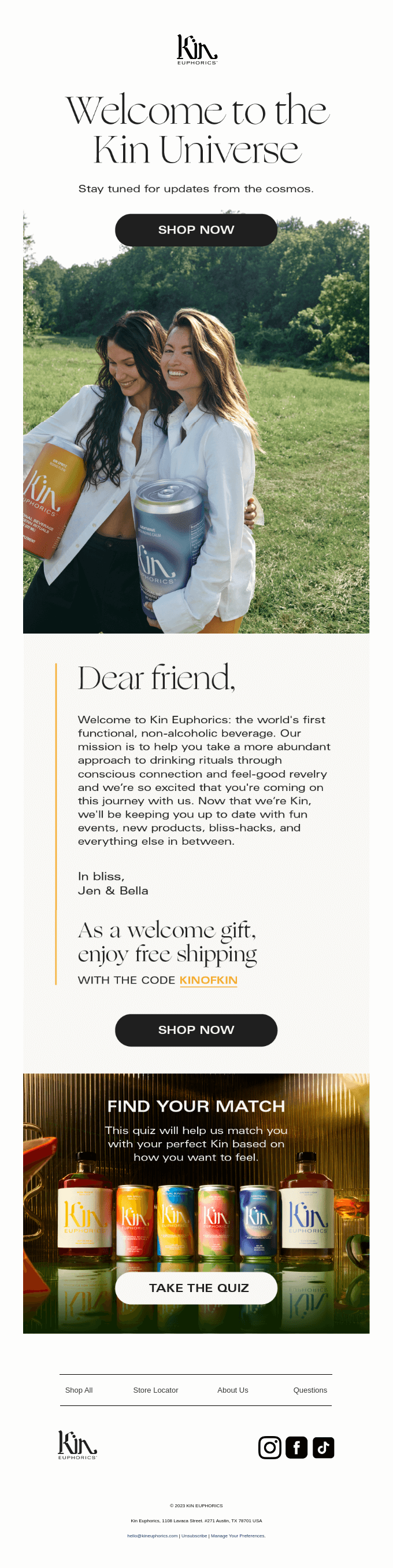Kin Euphorics welcome email with free shipping offer and product bottles