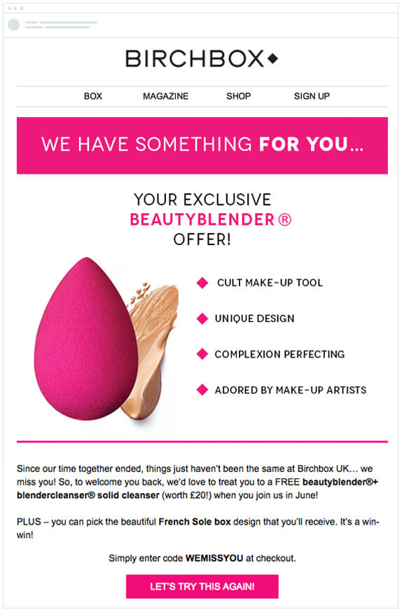Birchbox win back email offering a free Beautyblender