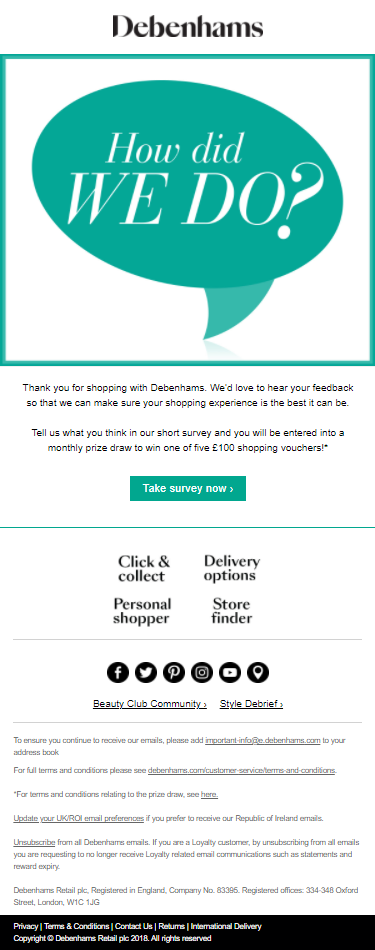 Debenhams survey email asking How did we do with a take survey button