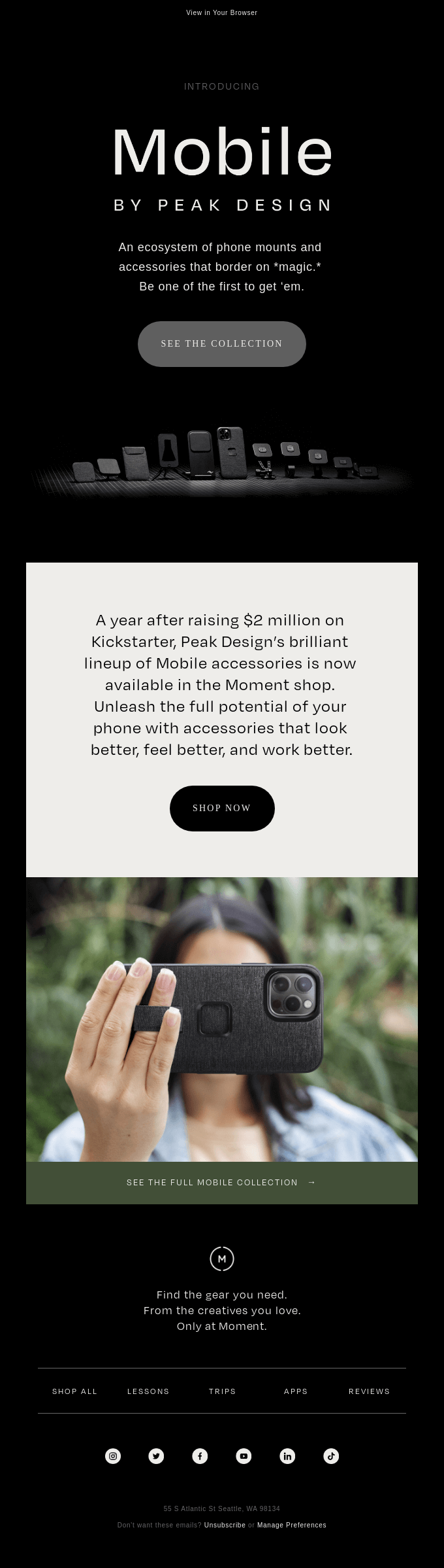 Peak Design email introducing Mobile phone accessories with product and lifestyle photos