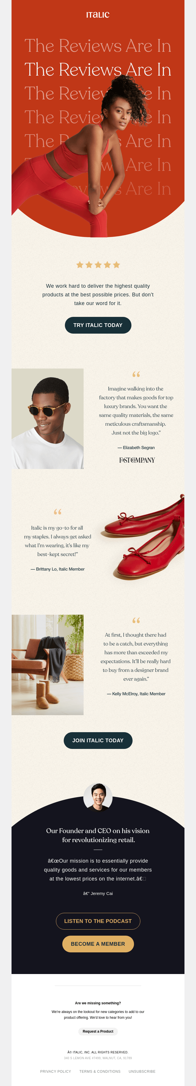 Long social proof email with customer testimonials and product blocks