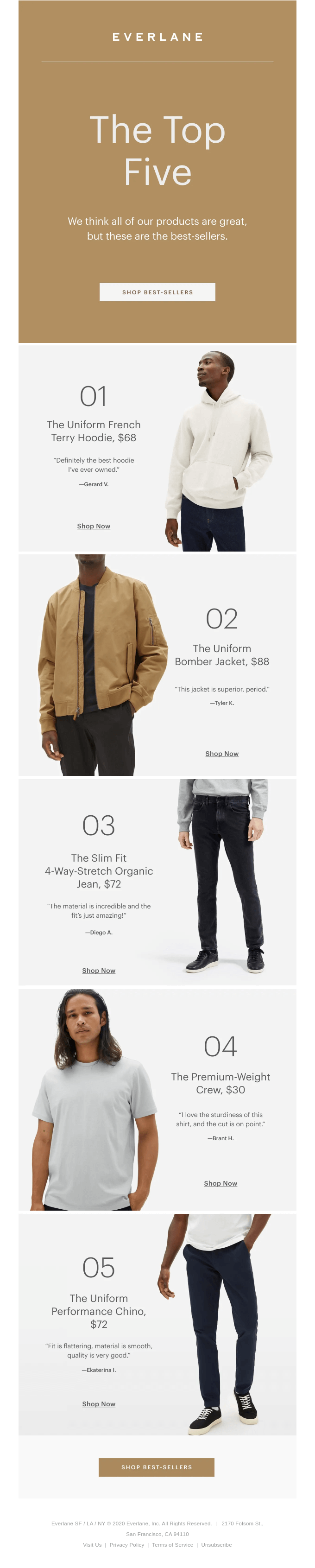 Long bestseller email counting down the top five products