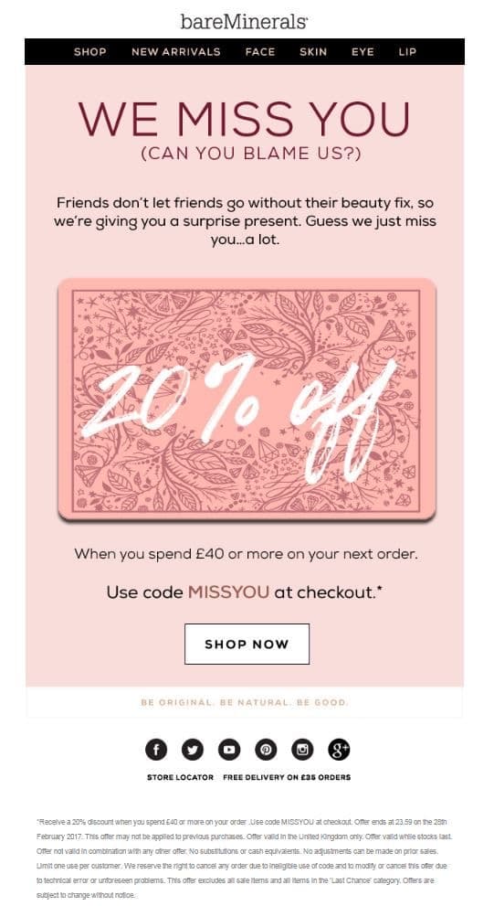 bareMinerals we miss you email with 20% off