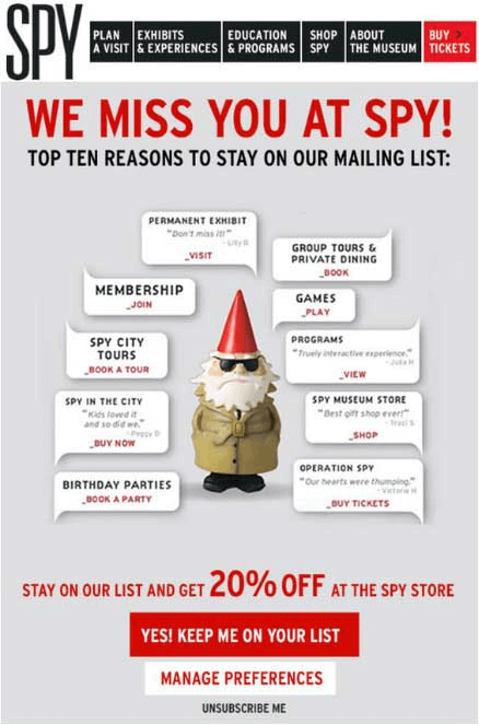 Spy Museum we miss you email with 20% off