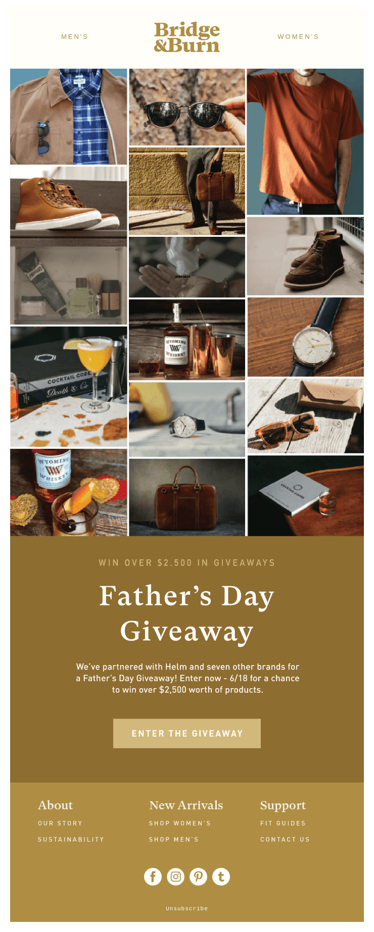 Bridge and Burn Fathers Day giveaway email with a collage of gift items