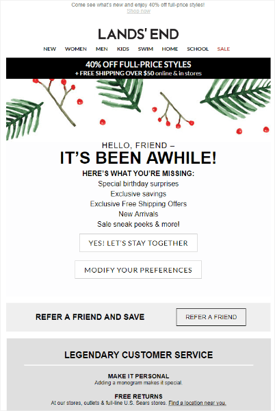 Lands End win back email with 40% off and free shipping