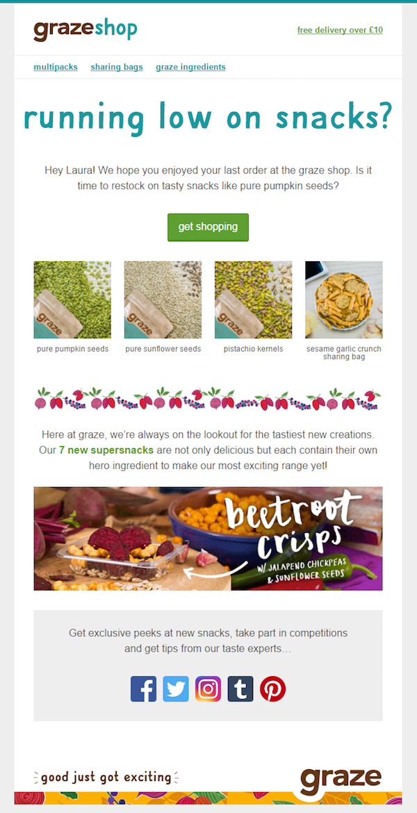 Graze replenishment email saying running low on snacks with product picks